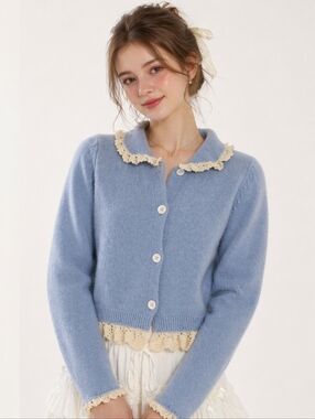 SHUSHU/TONG-Light Blue wool & Yak Knit Cardigan/ Cream Crochet Trim/ Size XS